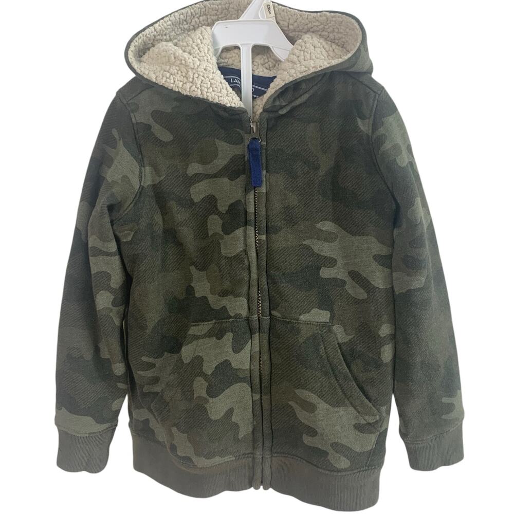 Lands' End Size S (4) Boys Sherpa Lined Full Zip Hooded Jacket Green Camo Print